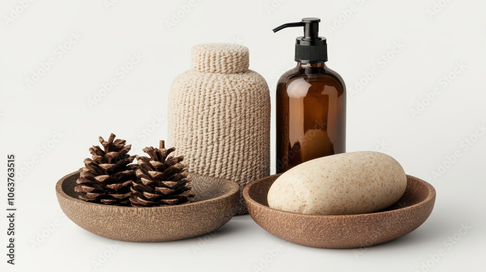 Natural spa products and pine cones arranged in earthy dishes on a white background.