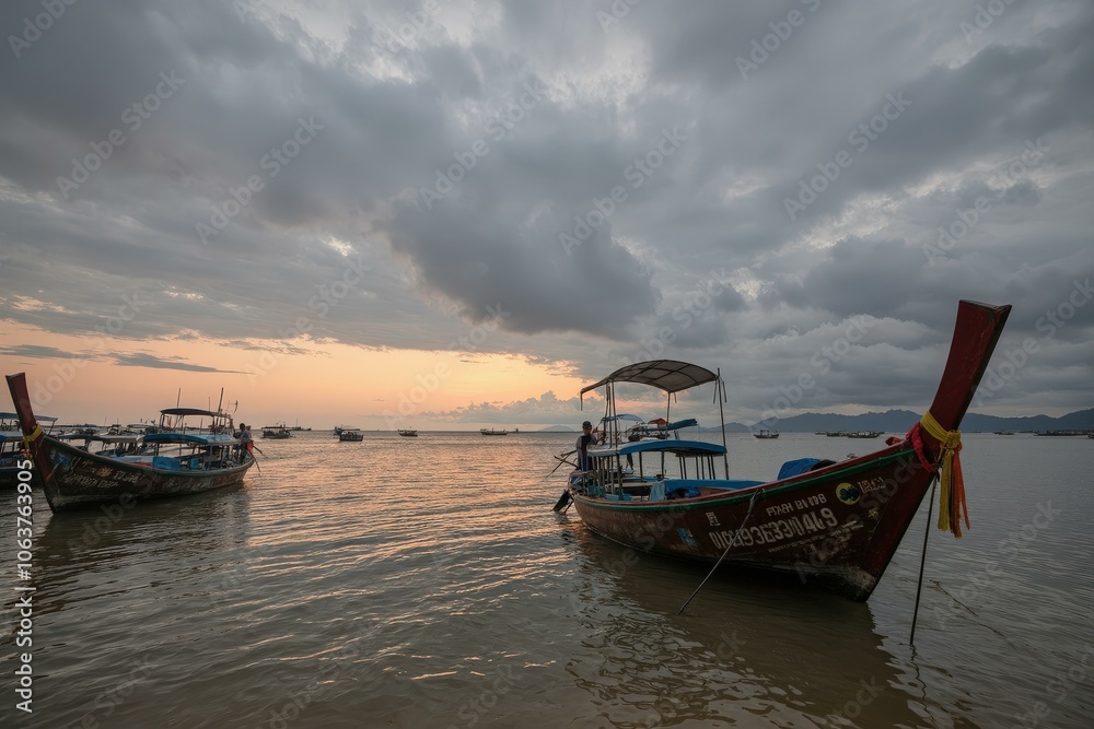 Serene Coastal Sunset Calmness Longtail Boats Tranquil Seascape Dusk Sky Seaside Sailing Hope Serene Coastal Sunset Calmness Longtail Boats Tranquil Seascape Dusk Sky Seaside Sailing Hope