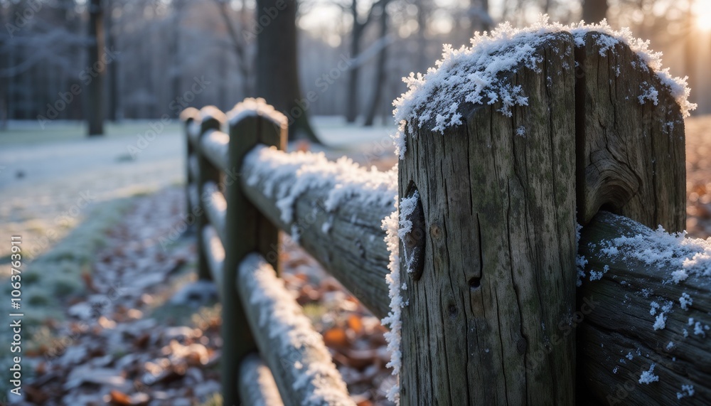 Frost-covered wooden fence post in a serene winter landscape with fallen leaves and trees Frost-covered wooden fence post in a serene winter landscape with fallen leaves and trees