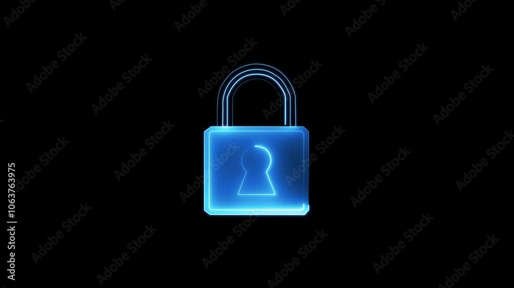 Neon glowing lock icon animation on black background. symbolizing security or privacy concept. Neon glowing lock icon animation on black background. symbolizing security or privacy concept.