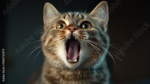 A close-up of a gray tabby cat with an open mouth and lively eyes, showcasing an expression of surprise or curiosity, accompanied by a slightly blurred view.