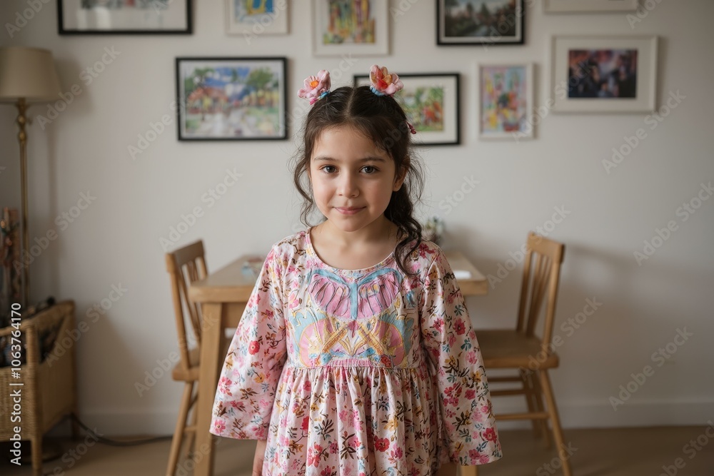 Young Girl in Floral Dress Smiling Home with Warmth Natural Light Art Wall Living Room Joyful Innocence Young Girl in Floral Dress Smiling Home with Warmth Natural Light Art Wall Living Room Joyful Innocence