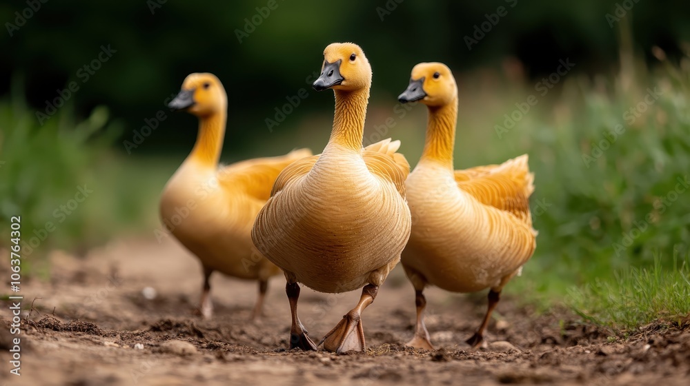 A trio of vibrant yellow geese struts confidently down a dirt path in a lush green field, symbolizing harmony, freedom, and the joy of simple natural life. A trio of vibrant yellow geese struts confidently down a dirt path in a lush green field, symbolizing harmony, freedom, and the joy of simple natural life.