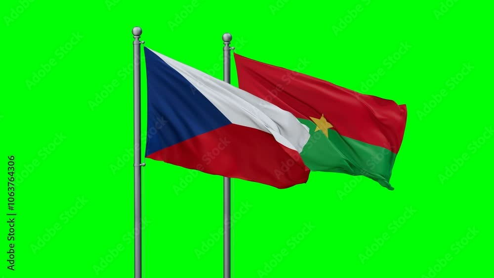 Burkina Faso and Czech Republic flags flying together, video concept of the relationship with colored chroma key for easy background remove Burkina Faso and Czech Republic flags flying together, video concept of the relationship with colored chroma key for easy background remove