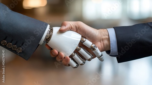 A symbolic image showcasing a handshake between a human and a robotic hand, representing partnership, innovation, and the evolving relationship between technology and humanity.