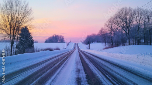 Icy road at sunrise with snow banks leads to a frozen horizon in a serene winter landscape