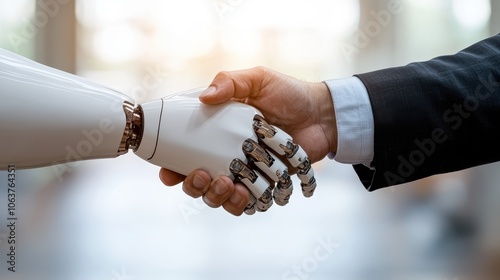 A human hand in a suit shakes hands with a modern robotic hand, symbolizing the blend of human and technological collaboration in professional environments. photo