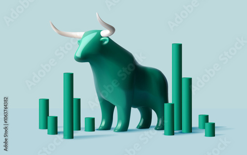 Abstract Green Bull with Rising Bar Graph for Stock Market Growth Concept
