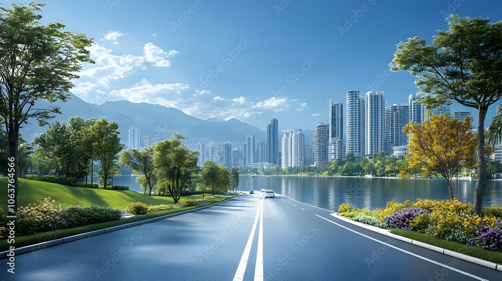 3D Cityscape Illustration: Road Leading to Skyline with Lake