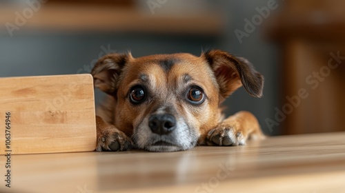 A loving dog with big, soulful eyes rests its head on a wooden table, evoking warmth and contentment, captured in a cozy and intimate moment.
