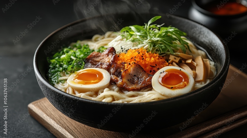 A steaming bowl of ramen is served with perfectly cooked eggs, tender slices of meat, fresh greens, and flavorful broth, offering a glimpse of culinary delight. A steaming bowl of ramen is served with perfectly cooked eggs, tender slices of meat, fresh greens, and flavorful broth, offering a glimpse of culinary delight.