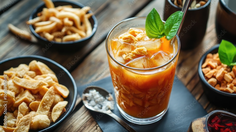 Refreshing Beverage with Snacks on Rustic Table Refreshing Beverage with Snacks on Rustic Table