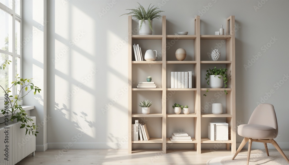 Minimalist interior, modern bookshelf, light wood, bright room, copy space
