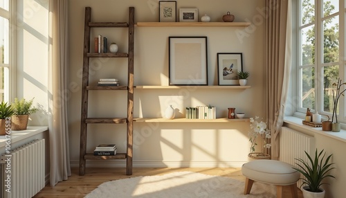 Cozy living room, modern interior, wooden ladder shelf, bright sunlight, copy space