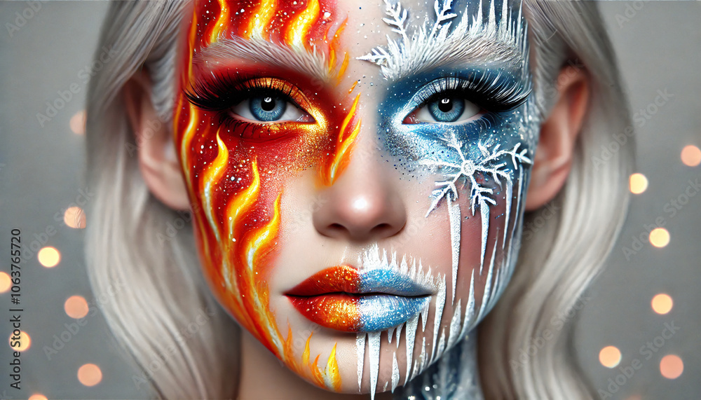 Naklejka premium Ethereal portrait of goddess of fire and snow, split face makeup