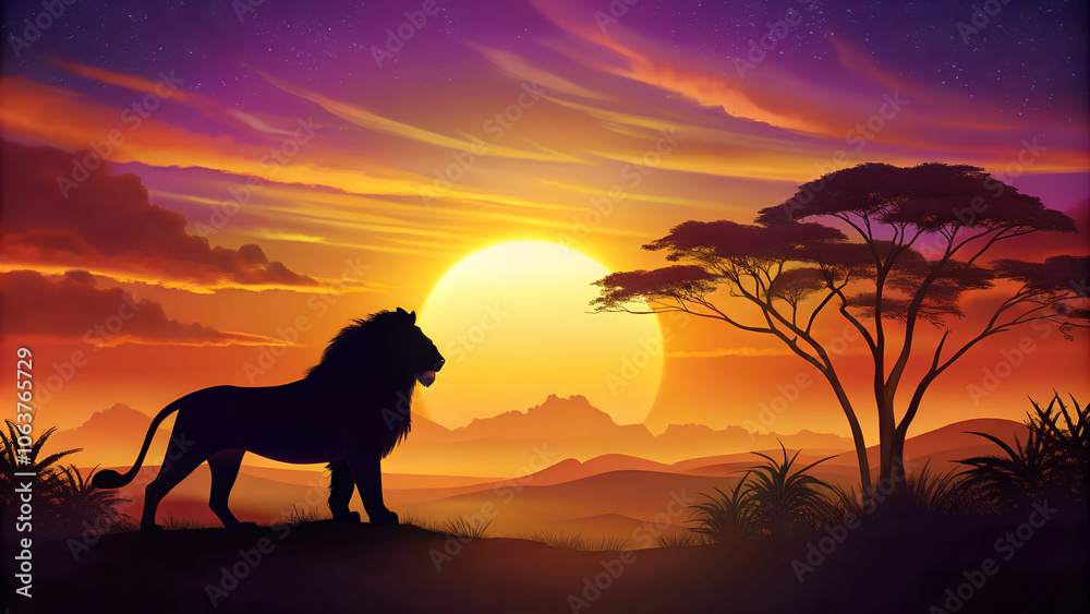 Silhouette of a lion against a colorful sunset with acacia trees Silhouette of a lion against a colorful sunset with acacia trees