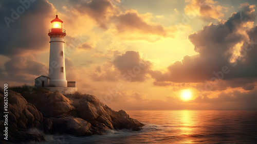 Lighthouse on Rocky Coast at Sunset - 3D Illustration