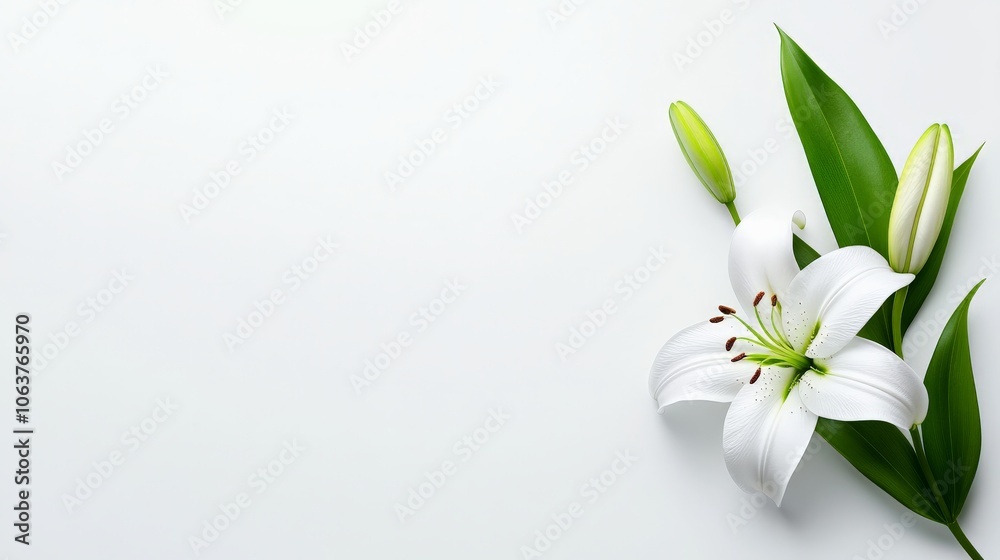 Serene White Lily: Elegant simplicity of a single white lily with green leaves, on a soft white background. Perfect for sympathy cards, funeral programs, or peaceful moments. Serene White Lily: Elegant simplicity of a single white lily with green leaves, on a soft white background. Perfect for sympathy cards, funeral programs, or peaceful moments.