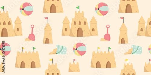 Seamless pattern with sandcastle and children toys