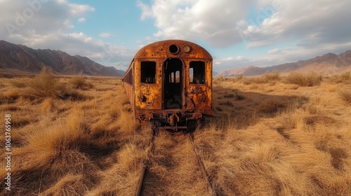 A rusted, abandoned train sits on an overgrown railway track in a dry, desolate landscape under a partly cloudy sky, evoking a sense of history and nostalgia. photo