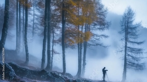 A lone photographer captures the beauty of misty forests as fog weaves through the trees.