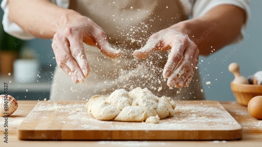 Hands expertly sprinkle flour over a ball of dough on a wooden countertop, creating a scene full of motion and anticipation in a traditional baking setting.