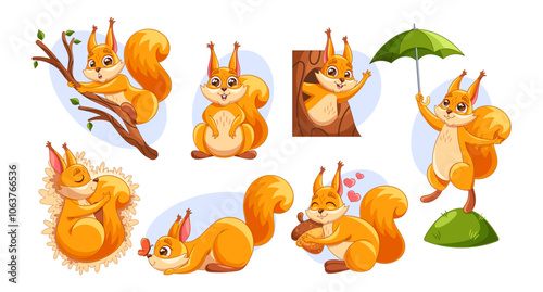 Charming Cartoon Squirrels Showcase Different Playful And Imaginative Poses, From Climbing Trees To Holding An Umbrella