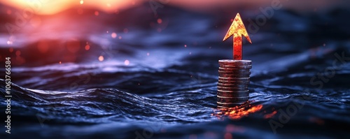 Coins stacked in water with a rising arrow symbolizing growth and financial success. photo