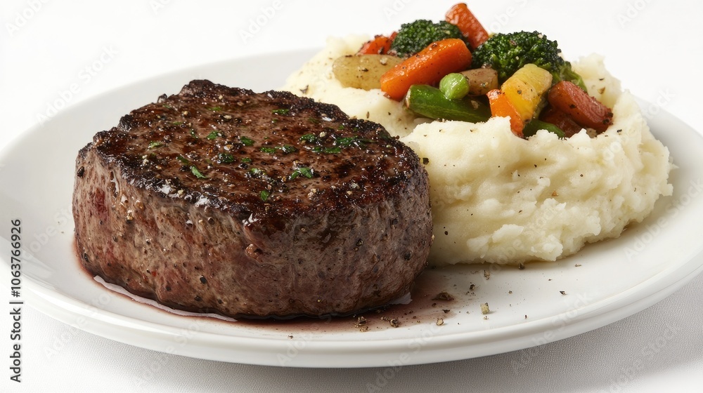 Juicy Steak with Mashed Potatoes and Mixed Vegetables Juicy Steak with Mashed Potatoes and Mixed Vegetables