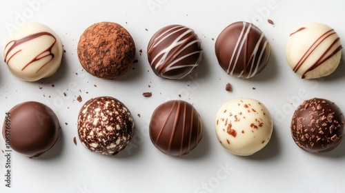 An elegant assortment of artisanal chocolate truffles, beautifully decorated with patterns and flavors, set on a white background to highlight their luxurious appeal.