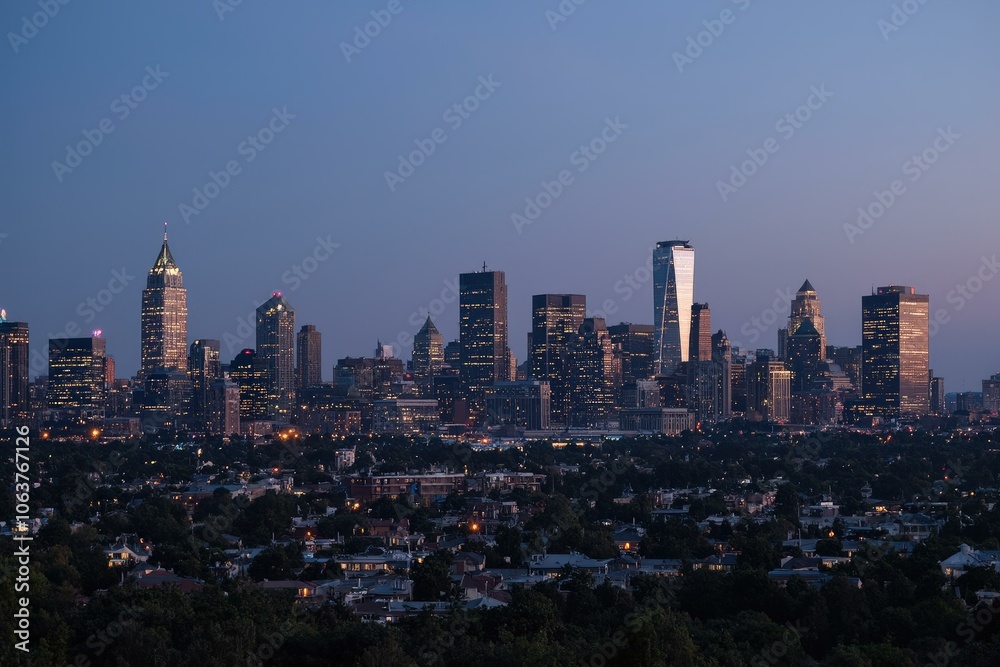 Obraz premium Majestic Evening Skyline of Urban Metropolis with Radiant City Lights and Suburban Serenity