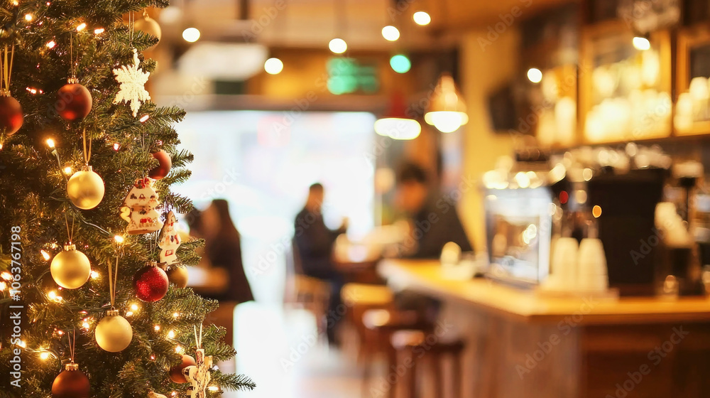 Softly lit Christmas tree adds warmth to a cozy cafe filled with patrons enjoying their coffee Softly lit Christmas tree adds warmth to a cozy cafe filled with patrons enjoying their coffee