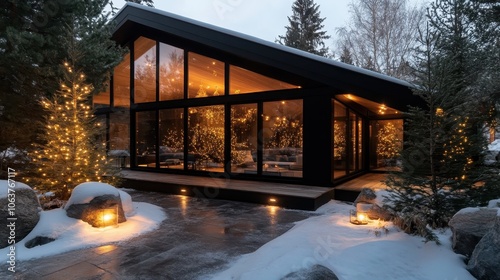 A contemporary glass house stands at dusk, beautifully decorated with winter lights, surrounded by snow and trees, exuding elegance and warmth. photo