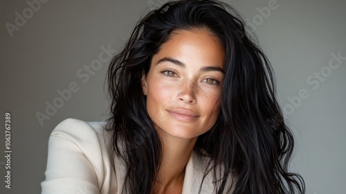 A close-up portrait of a woman with long, flowing hair and natural makeup, capturing her confident and serene expression in soft natural lighting.