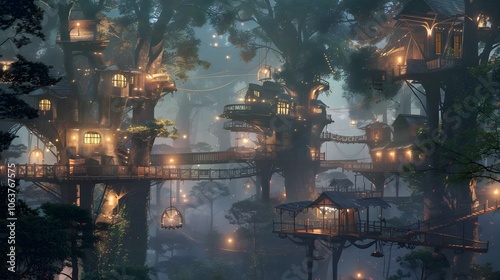Fantastical Floating City Illuminated in Mystical Mist and Enchanting Lights at Night