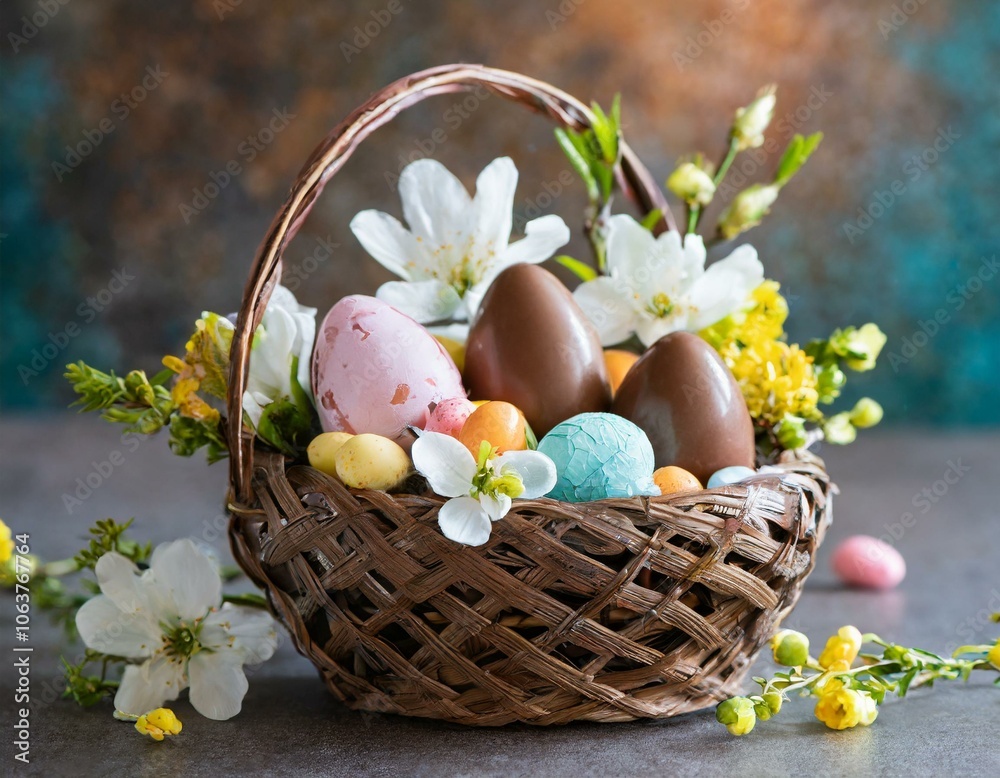 Freigestellter Osterkorb mit Schokoladeneiern und Frühlingsblumen Freigestellter Osterkorb mit Schokoladeneiern und Frühlingsblumen