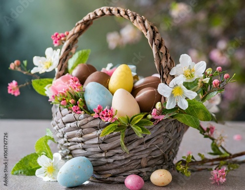 Freigestellter Osterkorb mit Schokoladeneiern und Frühlingsblumen photo