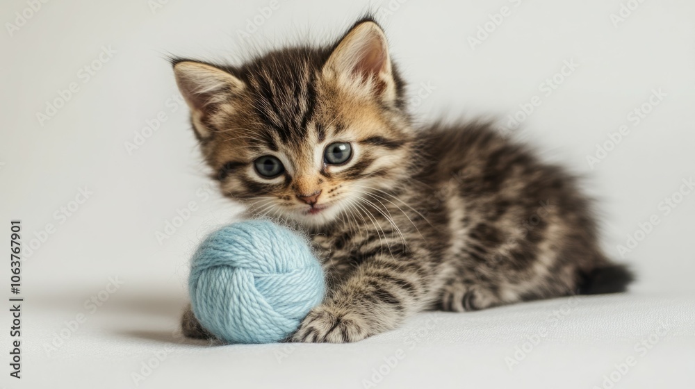 Adorable tabby kitten playing with a soft blue yarn ball. Adorable tabby kitten playing with a soft blue yarn ball.