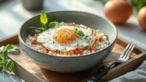 A breakfast bowl filled with rice, adorned with a fried sunny-side-up egg, fresh basil leaves, and chopped vegetables offering a satisfying morning meal.