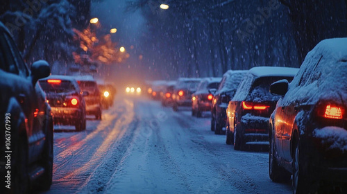 Traffic jam on a snowy road during twilight with cars blanketed in snowflakes