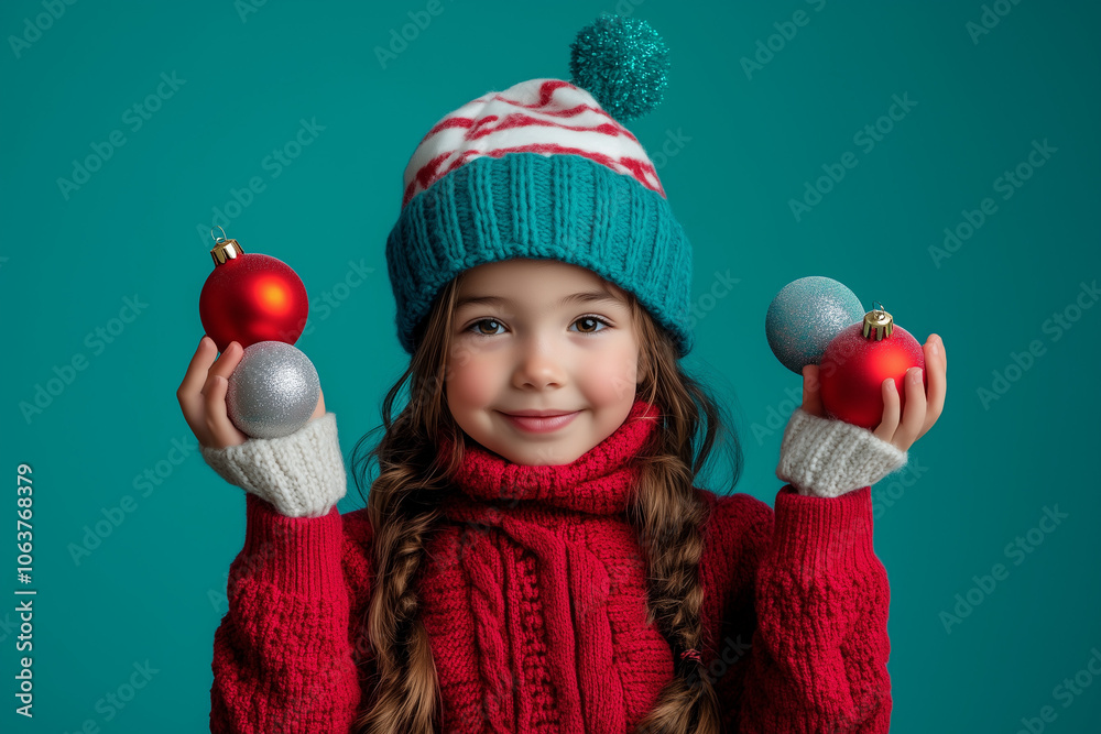 cute girl at plain background wearing christmas clothes holding christmas items cute girl at plain background wearing christmas clothes holding christmas items