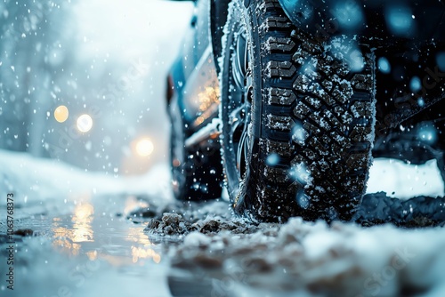 Car tire driving through snowy, icy path. photo