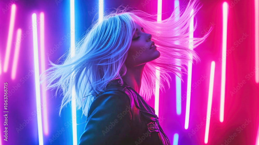 A striking blonde woman with flowing white hair stands against a backdrop of colorful neon light A striking blonde woman with flowing white hair stands against a backdrop of colorful neon light