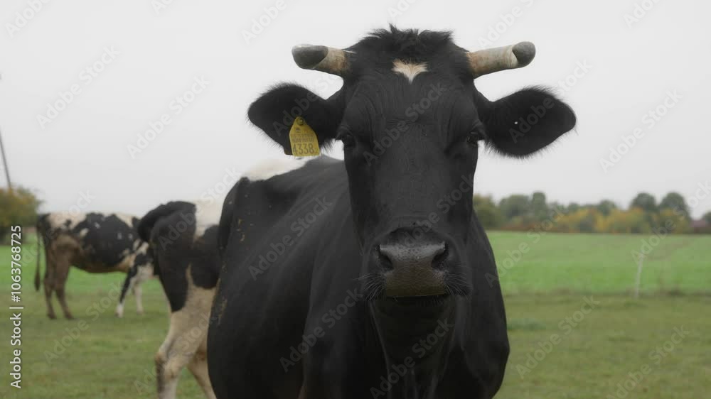 The Holstein dairy cow cautiously and timidly sniffs with curiosity and interest, watching intently with an alert gaze. A cow with cattle tags on her ears. Farming and Grazing Cows On A Family Farm. The Holstein dairy cow cautiously and timidly sniffs with curiosity and interest, watching intently with an alert gaze. A cow with cattle tags on her ears. Farming and Grazing Cows On A Family Farm.
