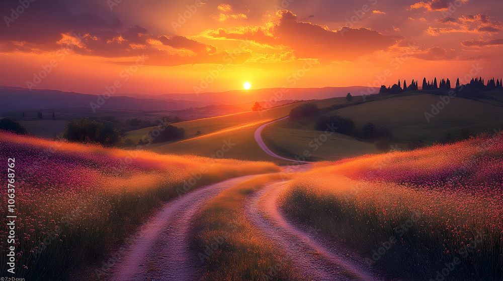 Sunset Landscape with Path through Meadow Sunset Landscape with Path through Meadow