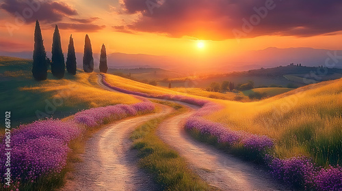 Sunset Landscape with Windi...