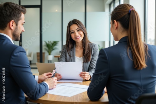 Professionals in a Collaborative Business Meeting Discussing Projects and Strategies for Company Growth in a Modern Office Setting, Fostering Teamwork and Positive Atmosphere