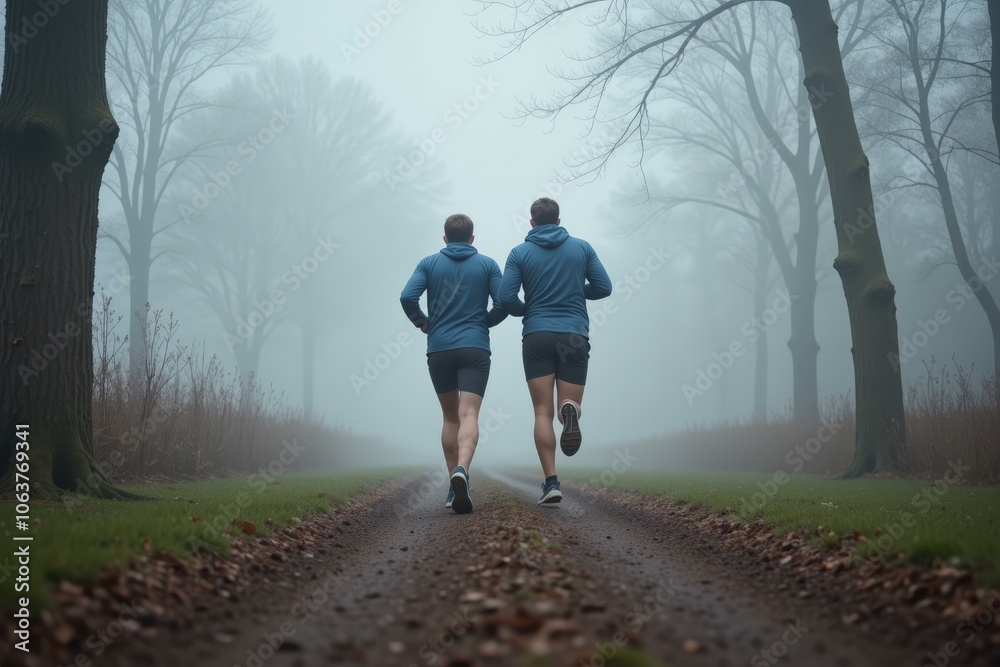 Obraz premium Two Runners Embrace Serenity During a Misty Morning Jog Through Enchanted Woodlands, Feeling Tranquility Amidst Whispering Trees and Crunching Leaves