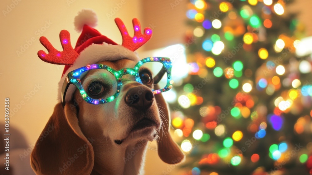 Playful Dog with Festive Antler Glasses and Green Bow in Front of Cozy Christmas Tree with Bokeh Lights