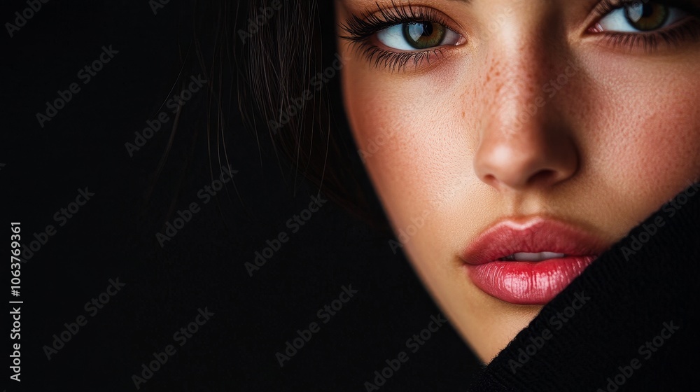 Fototapeta premium A captivating portrait of a woman captured in close-up, showcasing her eyes, freckled skin, and lips. This AI-enhanced image highlights the beauty of detail and natural features.